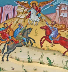 O Arcanjo Miguel em um cavalo branco saindo de Turk Invaders, Chipre